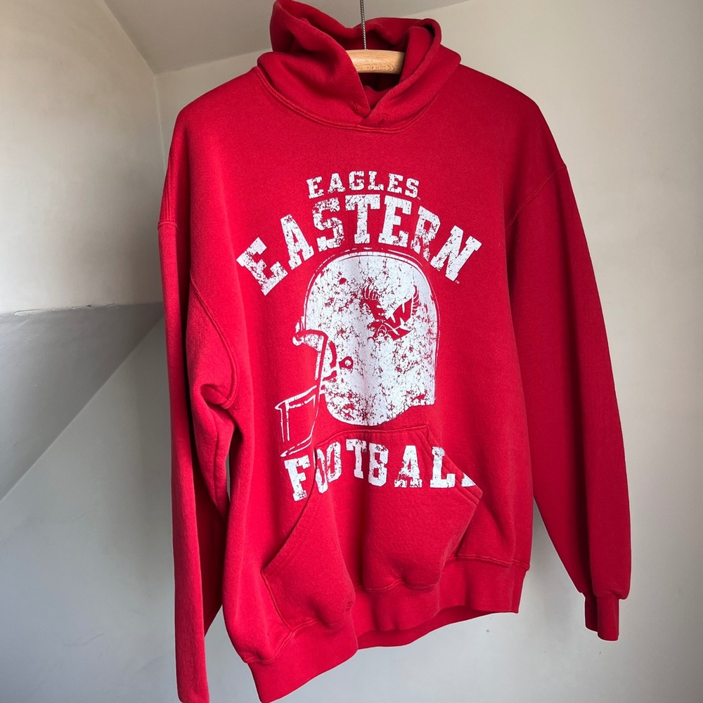 Vintage Red Preppy Sports Hoodie Eastern Eagles Football Sweatshirt Adult Size L
